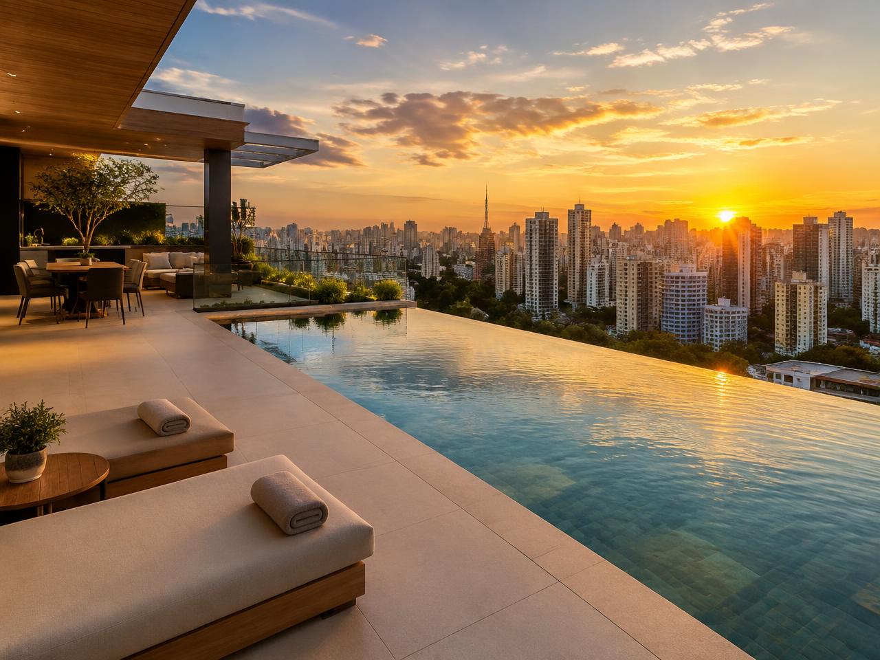 Cobertura de alto padrão com piscina e vista para São Paulo